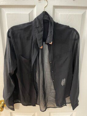 Hey Black Sheer Chiffon Button Front Blouse Gold Collar Detail Size Large